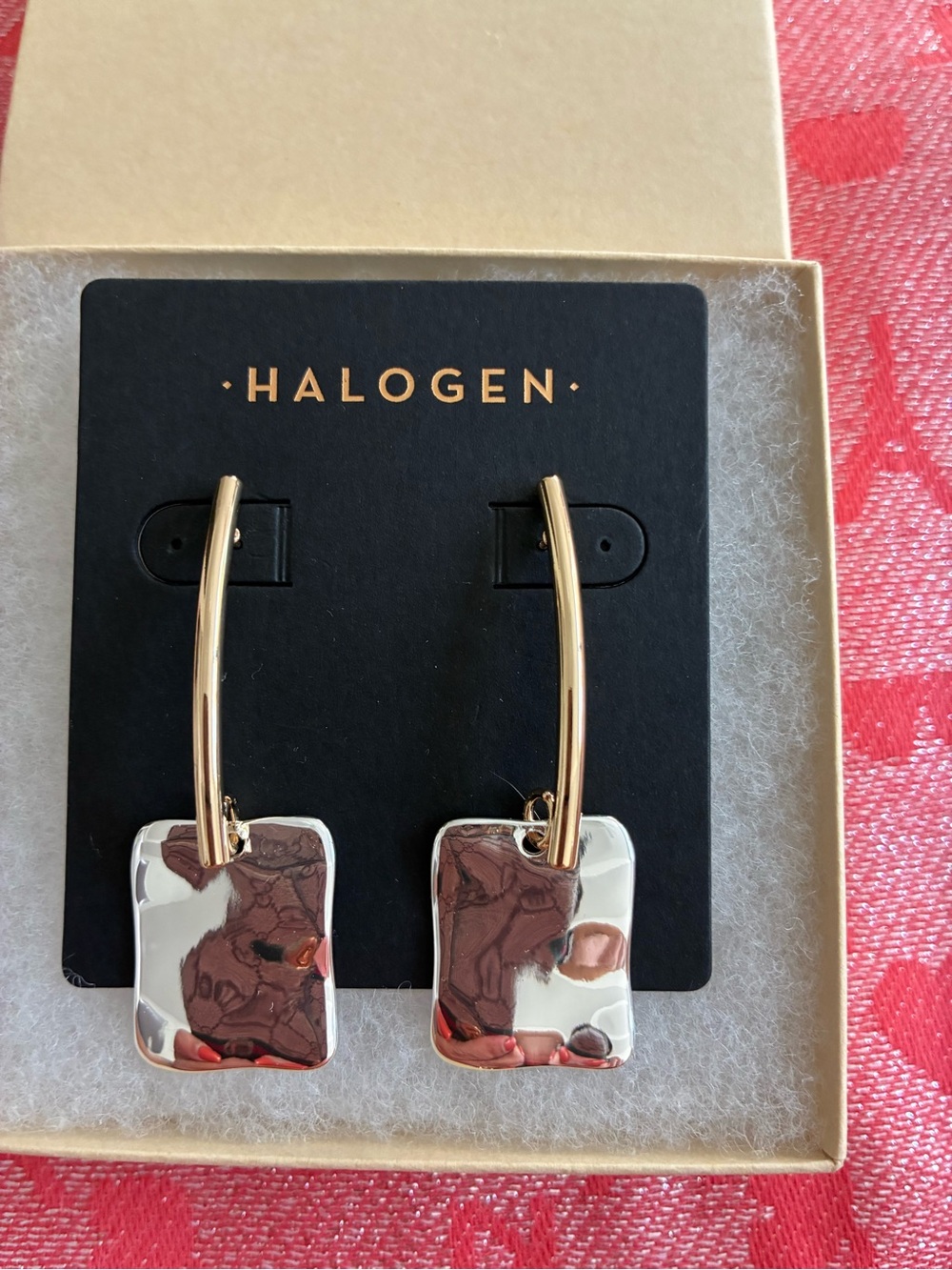 Halogen Two-Tone Drop Earrings with Rectangular Charms - Gold and Silver